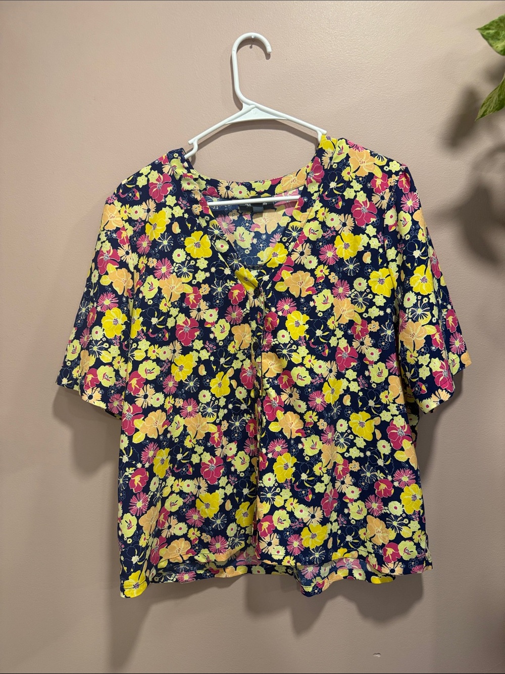 Modcloth Navy Floral V-Neck Top with Yellow & Pink Blooms